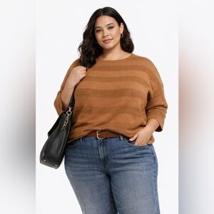 Tahari Woman Sweater Ribbed Stripes Bear Camel Color 3/4 Sleeve Soft Size 1X NWT